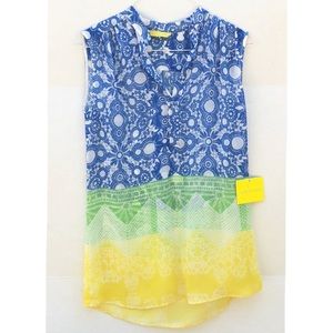 NWT Aaron Ashe Womens Large Midtown tank tunic Top blue yellow geometric